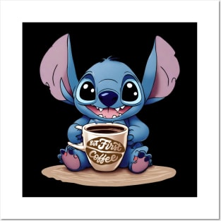 Cute kawaii stitch with coffee Posters and Art